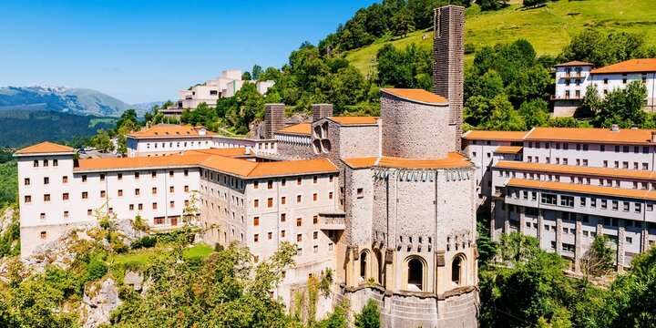 Panoramic view of Sanctuary of Our Lady of Arantzazu. Sanctuary of Our Lady of Arantzazu is a Franciscan sanctuary located in O&ntilde;ati, Gipuzkoa, Basque Country, Spain, Europe