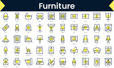 Set of thin line furniture Icons. Line art icon with Yellow shadow. Vector illustration