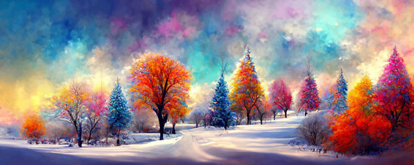 Magical winter landscape scene with colorful trees