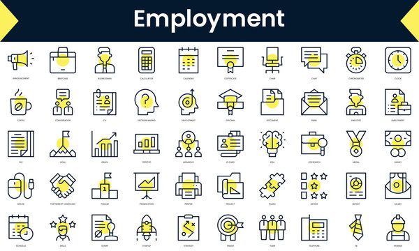 Set Of Thin Line Employment Icons. Line Art Icon With Yellow Shadow. Vector Illustration