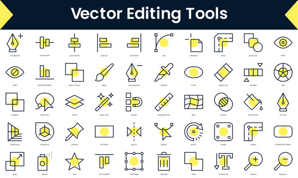 Set of thin line vector editing tools Icons. Line art icon with Yellow shadow. Vector illustration