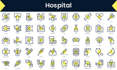 Set of thin line hospital Icons. Line art icon with Yellow shadow. Vector illustration