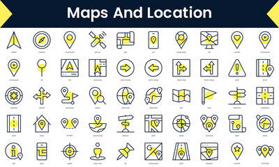 Set of thin line maps and location Icons. Line art icon with Yellow shadow. Vector illustration