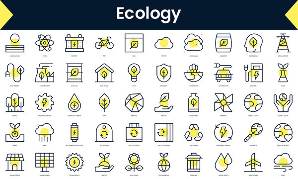 Set of thin line ecology Icons. Line art icon with Yellow shadow. Vector illustration