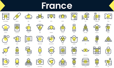 Set of thin line france Icons. Line art icon with Yellow shadow. Vector illustration
