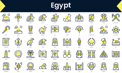 Set of thin line egypt Icons. Line art icon with Yellow shadow. Vector illustration