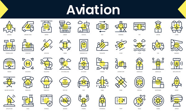 Set of thin line aviation Icons. Line art icon with Yellow shadow. Vector illustration
