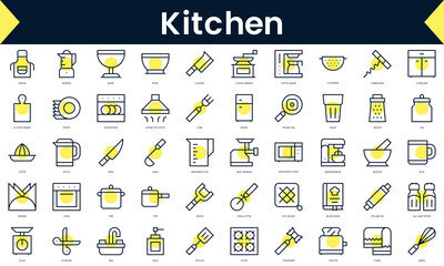 Set of thin line kitchen Icons. Line art icon with Yellow shadow. Vector illustration