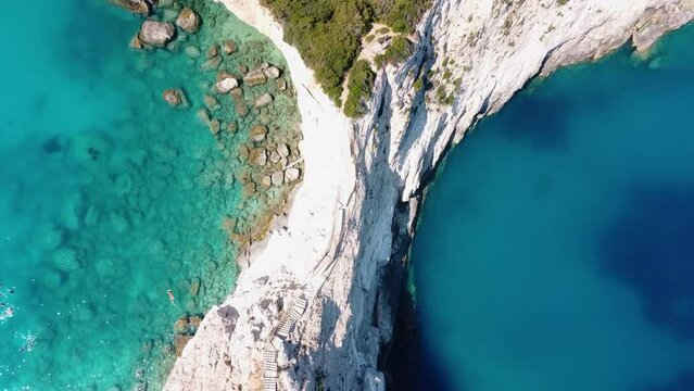  Turquoise waters divided by cliff: Aerial View of the Famous Beach Porto katsiki, Lefkada	