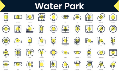 Fototapeta na wymiar Set of thin line water park Icons. Line art icon with Yellow shadow. Vector illustration