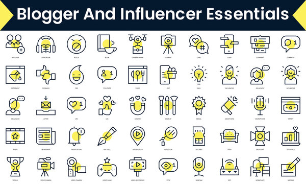 Set Of Thin Line Blogger And Influencer Icons. Line Art Icon With Yellow Shadow. Vector Illustration