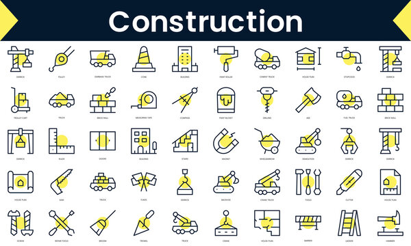 Set of thin line construction Icons. Line art icon with Yellow shadow. Vector illustration