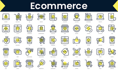 Set of thin line ecommerce Icons. Line art icon with Yellow shadow. Vector illustration