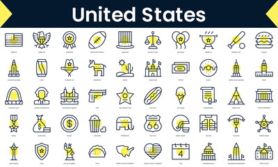 Set of thin line united states Icons. Line art icon with Yellow shadow. Vector illustration