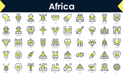 Set of thin line africa Icons. Line art icon with Yellow shadow. Vector illustration