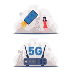 5G Network Wireless Technology with Woman Using High-speed Internet Vector Set