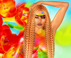 Braided hair. A vibrant, artistic image of a woman with braided hair. Unique digital art creation versatile for use with hair, fashion, cosmetics dance and art projects.