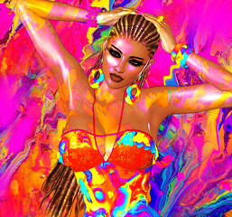 Braided hair. A vibrant, artistic image of a woman with braided hair. Unique digital art creation versatile for use with hair, fashion, cosmetics dance and art projects.