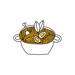 Illustration of Korean ramen in a pot. Noodles with egg, chicken, nori leaves in a bowl. Doodle Asian Food