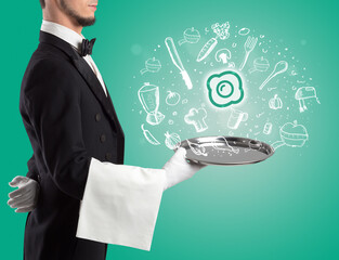 Waiter holding silver tray with food icons above