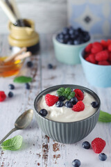 A bowl with Greek yogurt with berries
