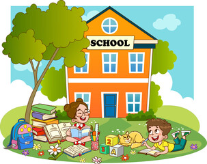 kids discussing homework and reading books together.Vector Illustration of Child Education