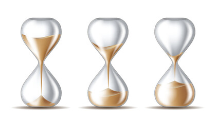Sand falling in the hourglass in three different states on white background. - 549525690