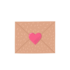 Closed postal envelope of craft paper with small heart shaped wax steal. Valentine’s day concept illustration. Vector clipart for greeting cards, wedding invitations, party, birthday cards.
