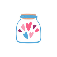 Glass jar with flying colored hearts. Valentine’s day concept illustration. Vector clipart for greeting cards, wedding invitations, party, birthday cards.