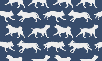 Fototapeta premium Seamless pattern. Silhouette dogs different breeds in various poses. Endless texture. Design for fabric, decor, wallpaper, wrapping paper, surface design. Vector illustration.