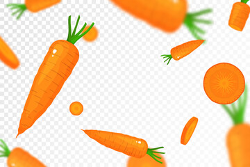 Falling carrots isolated on transparent background. Flying whole and sliced vegetable with blurry effect. Can be used for advertising, packaging, banner, poster, print. vector flat design