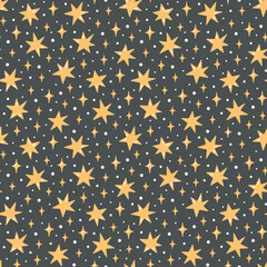 Vector seamless pattern with hand-drawn stars on a dark background. Festive shiny art texture. Modern illustration print. Simple doodle for any surface design.