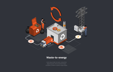Zero Waste, Recycling Garbage, Rubbish separation Concept. Characters Collecting, Sorting Garbage. People Recycling Junk Into Energy At Recycling Factory. Isometric 3d Cartoon Vector Illustration