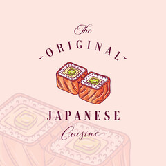 Asian Food Abstract Logo Template. Hand Drawn Sushi Sashimi Roll and Modern Typography. Japanese Cuisine Vector Emblem Concept. Isolated