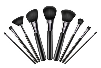 Professional facial makeup brushes. Cosmetic tools collection. Various fashion and beauty brushes for applying blush, Eye Shadow, concealer, powder. Realistic 3d vector.