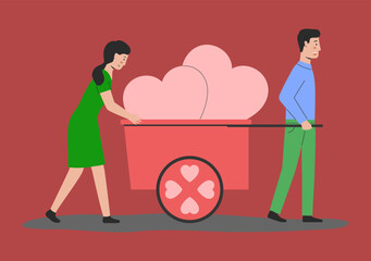 Loving Boyfriend And Girlfriend Carrying Huge Hearts in Cart in Honor Of Happy Valentines Day. Man Making Proposal to Woman. Human Relationships And Happiness Love. Cartoon Flat Vector Illustration