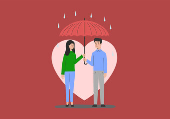 Love story, Couple Stand Under Umbrella at Rainy Night Street Front of Glowing Huge Heart. Romantic Relations. Man and Woman In Love Have Outdoor Dating, Romance, Cartoon Flat Vector Illustration