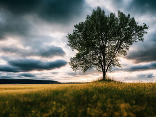 Fototapeta na wymiar Beautiful Scandinavian landscape with a single tree on a small hill, generated by A.I.