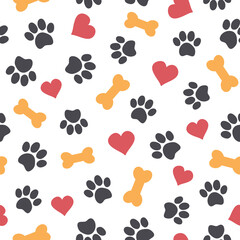 Fototapeta na wymiar Cute seamless pattern with pet paws, bones and hearts. Vector illustration on white background. It can be used for wallpapers, wrapping, cards, patterns for clothes and other.