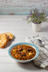 Traditional lentil soup with legs, carrots and chorizo on a white and blue plate on a white background. Mediterranean cuisine.