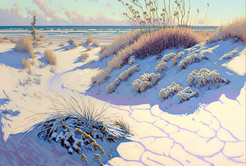 Dune beach and sea under snow, dune in winter, landscape with snow and sea, landscape with sky and clouds, illustration, digital