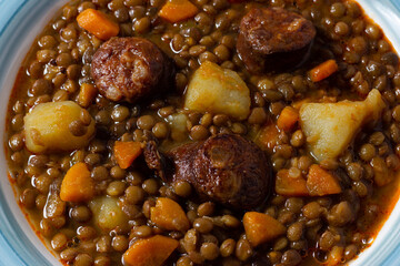Close-up of a traditional lentil soup with legs, carrots and chorizo. Mediterranean cuisine