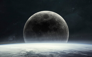 Fototapeta na wymiar 3D illustration of Moon from Earth orbit. Artemis space program. 5K realistic science fiction art. Elements of image provided by Nasa