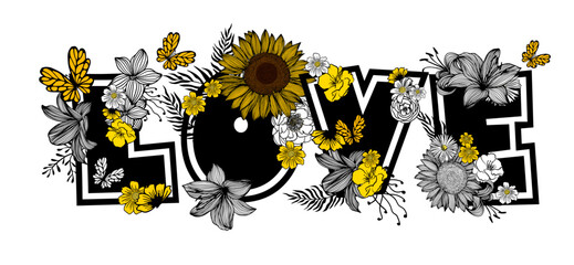 Love. Hand drawn vintage illustration. This illustration can be used as a greeting card for Valentine's day or wedding, as a print on t-shirts and bags, stationary or as a poster.