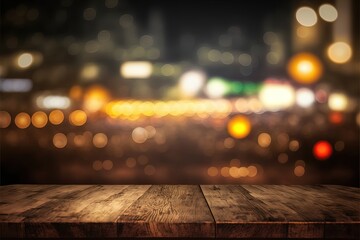 mockup avec table en bois et fond des lumières de la ville