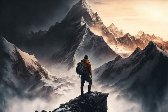 paysage de montagne avec un alpiniste, illustration, peinture numérique