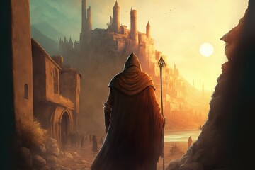 illustration de fantasy, homme avec une cape devant une ville médiévale