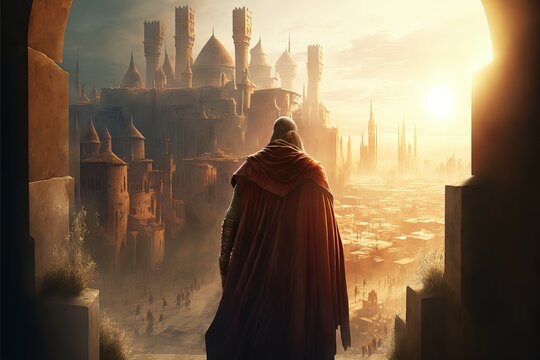 illustration de fantasy, homme avec une cape devant une ville médiévale