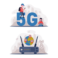 5G Network Wireless Technology with Man and Woman Using High-speed Internet Vector Set