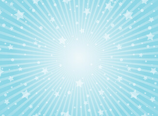 Sunlight horizontal background. Powder blue color burst background with shining stars. Vector illustration. Sun beam ray sunburst pattern backdrop. Magic, festival, circus holiday poster